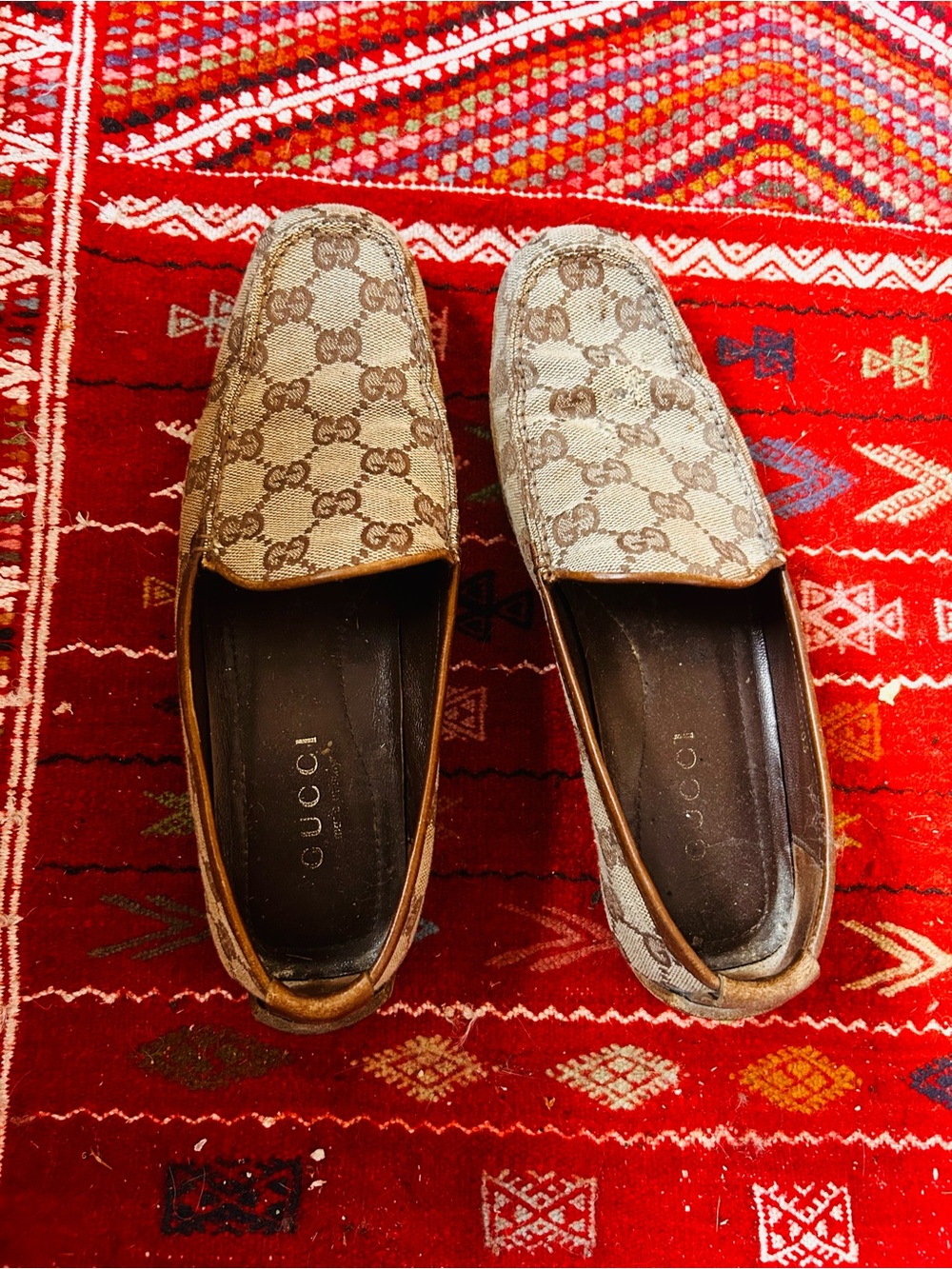 Gucci Brown Beige GG Canvas Slip-On Loafers
